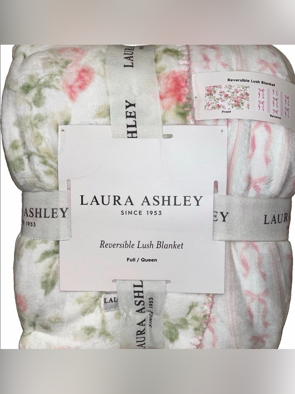 Laura Ashley pink bow rose floral romantic farmhouse reversible throw blanket - Picture 2 of 7